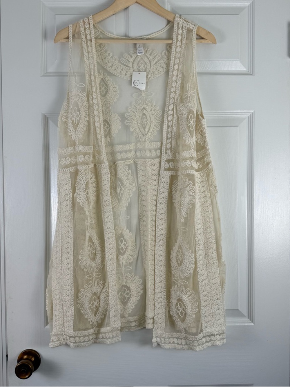 NEW Cest 1946 Boho Ivory Lace Embroidered Sheer Festival Vest Size Large